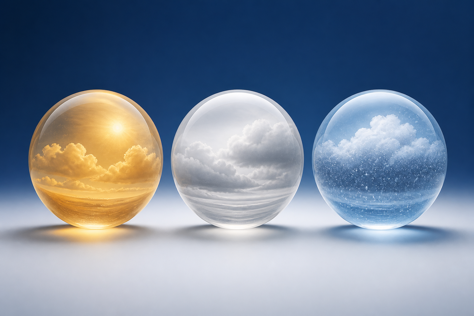 Three translucent spheres show warm, neutral cloudy, and snowy weather scenes against a deep blue background.