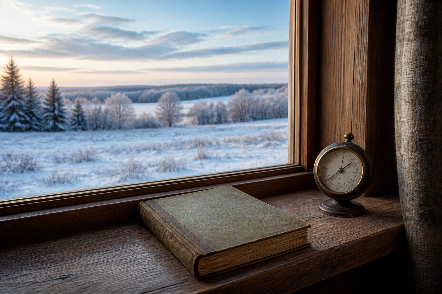 A closed vintage-style almanac and an analog weather instrument sit beside a window overlooking a snow-covered field.