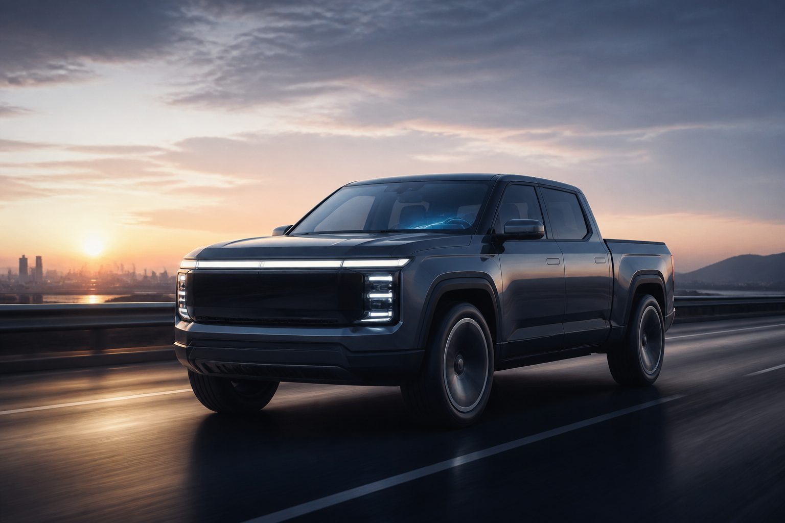 An unbranded dark full-size pickup traveling on a highway at dawn, with a subtle blue glow inside the cabin.