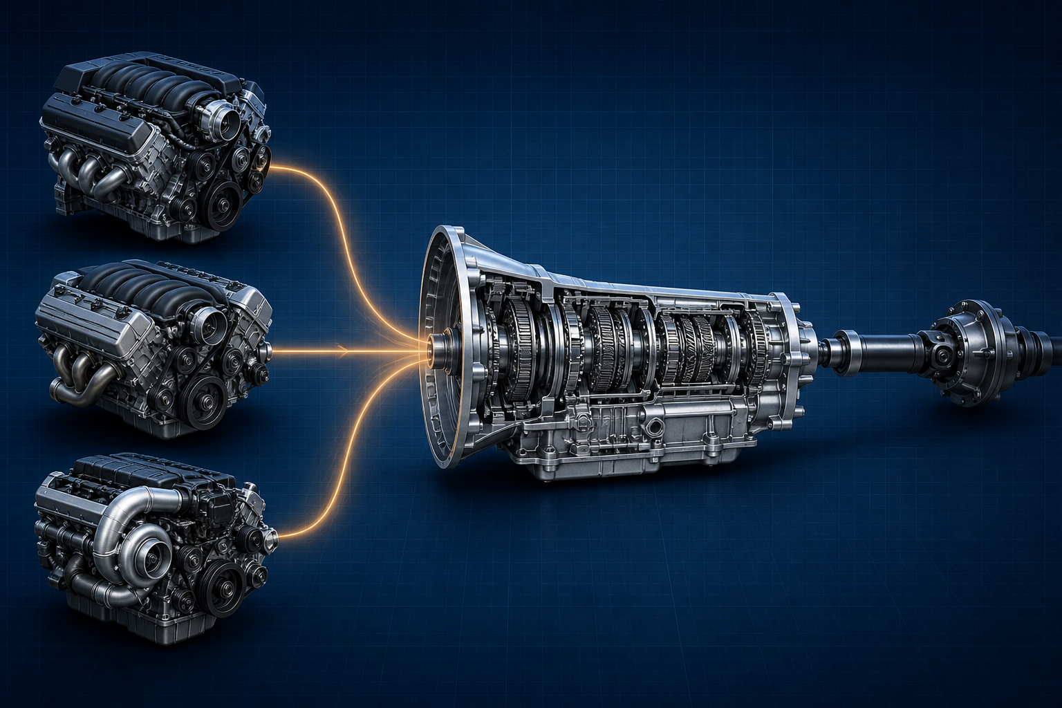 Three unbranded engine forms connected by glowing lines to a cutaway automatic transmission against a blue technical backdrop.