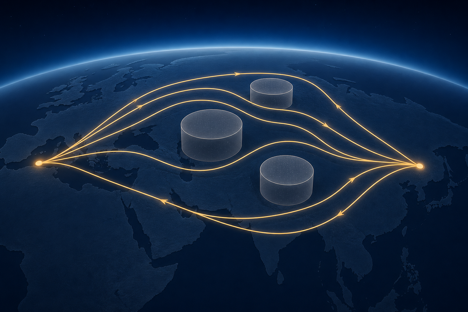 Glowing curved flight paths arc around three translucent zones on a dark regional map.