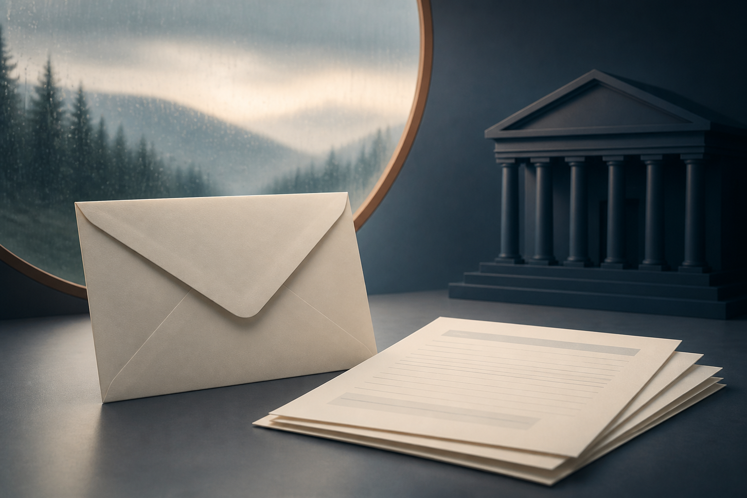 A plain envelope and blank claim papers beside a courthouse model, with a rainy Northwest landscape in the background.