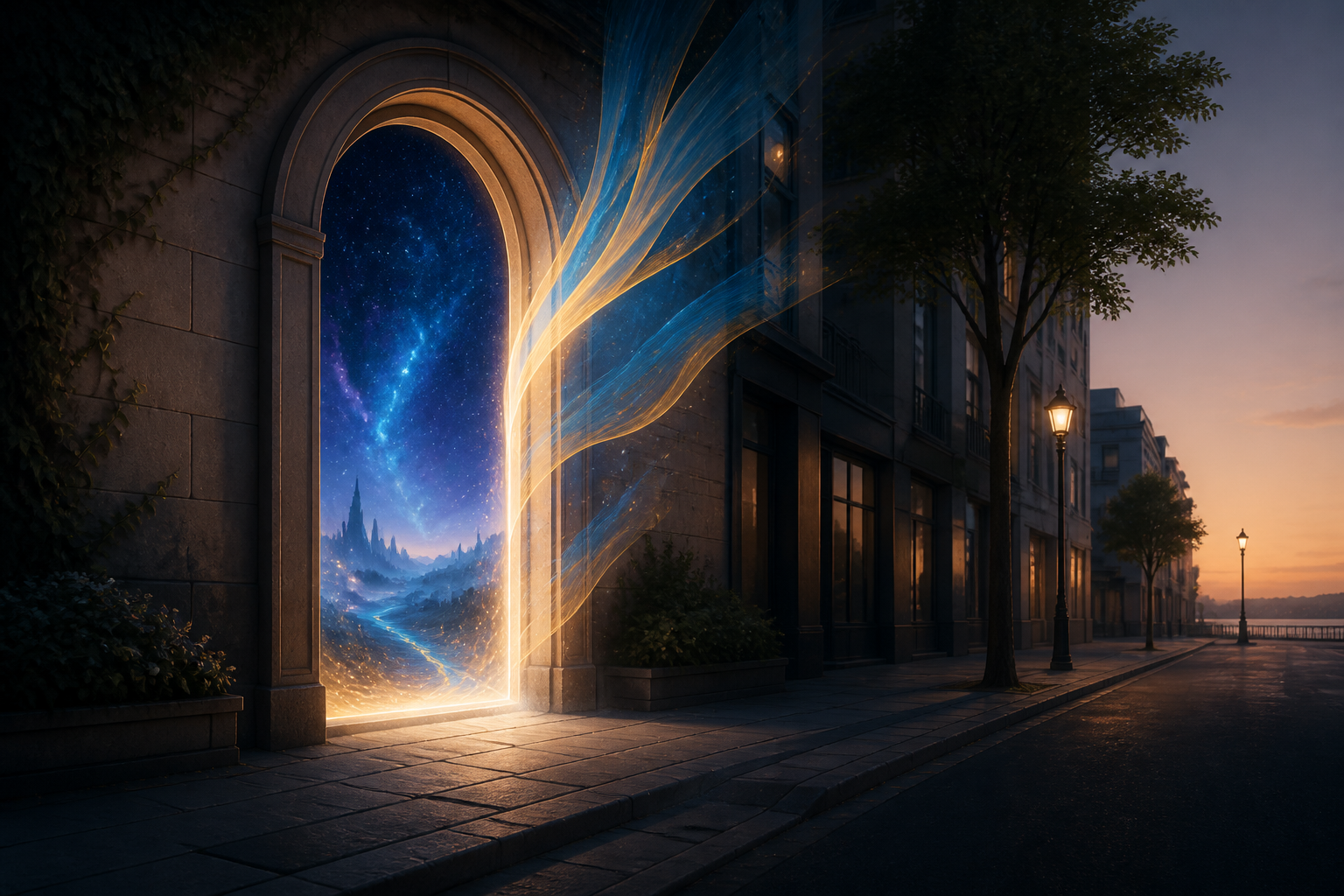 A luminous doorway opens from an empty city street to a star-filled blue landscape.