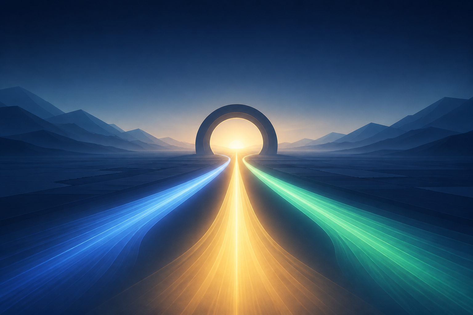 Three colored paths of light meet at a bright horizon beneath a simple circular arch.