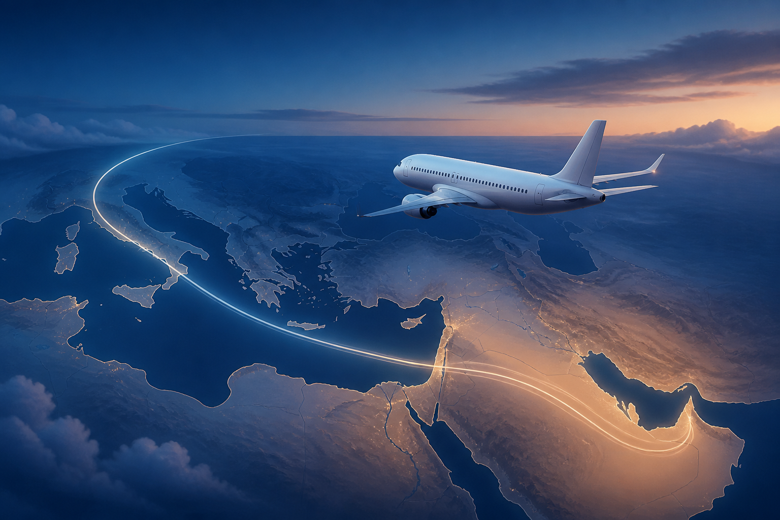 An unbranded passenger jet follows a curved illuminated route above a stylized map of southern Europe and the Middle East.