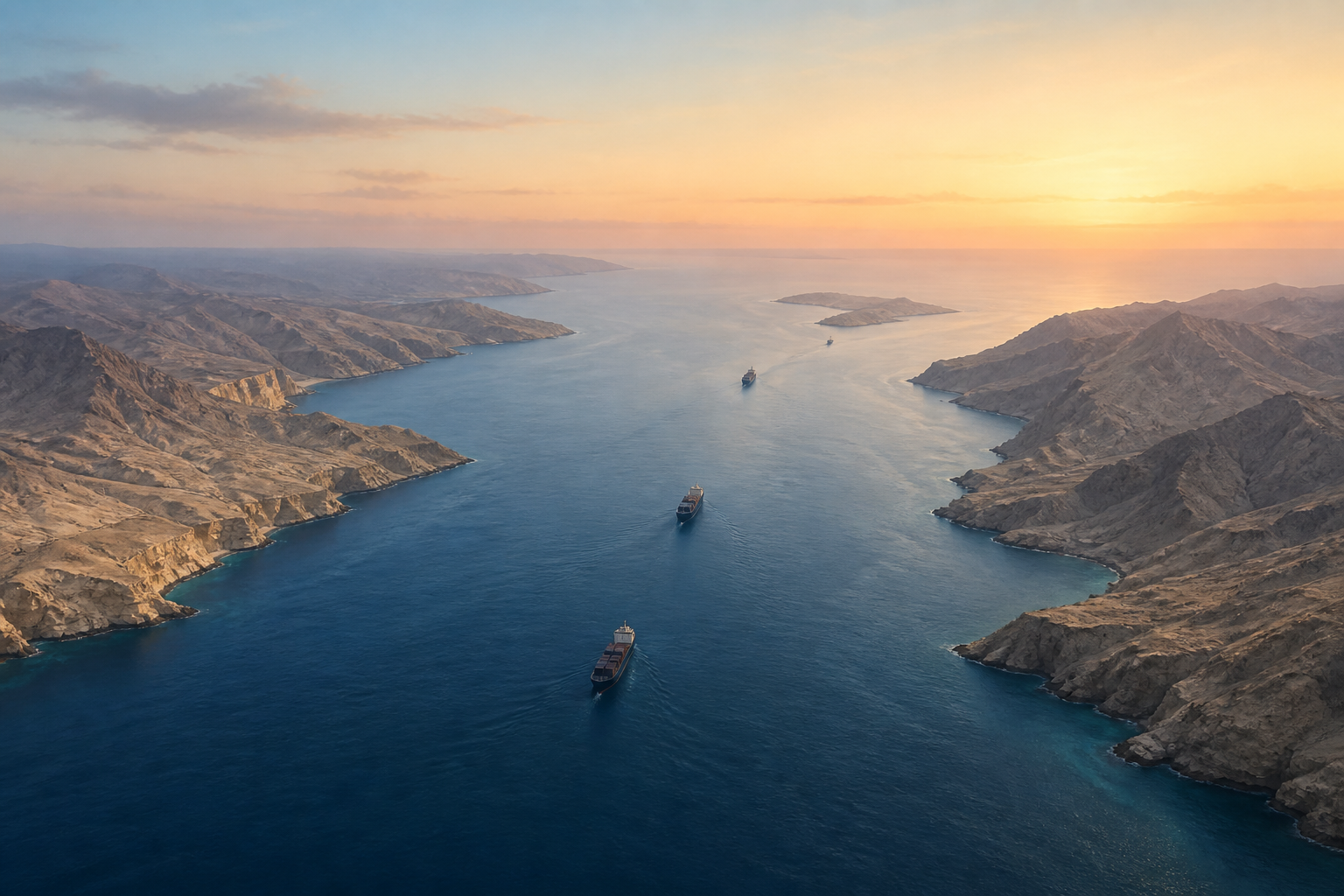 A calm blue sea passage between rugged sandy coastlines with three small cargo ships traveling through it.