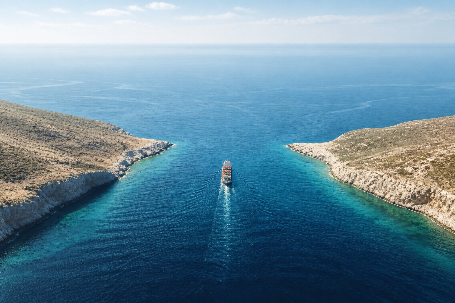 A single cargo ship moves through a narrow blue-water channel between two dry rocky shores.