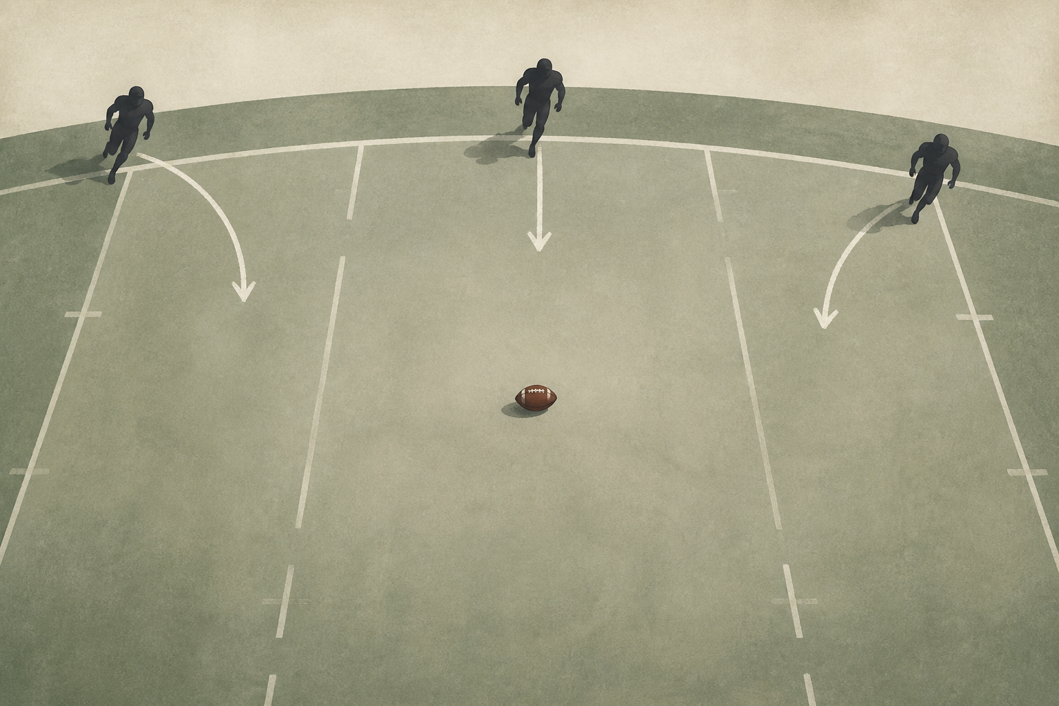 Three anonymous defensive silhouettes move along curved paths on a simplified football field around a single football.