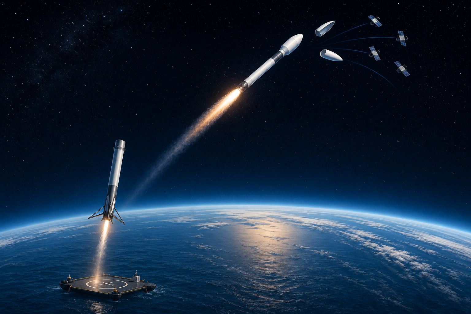 An unbranded rocket’s upper stage heads toward small satellites while its first stage descends to an ocean landing platform.