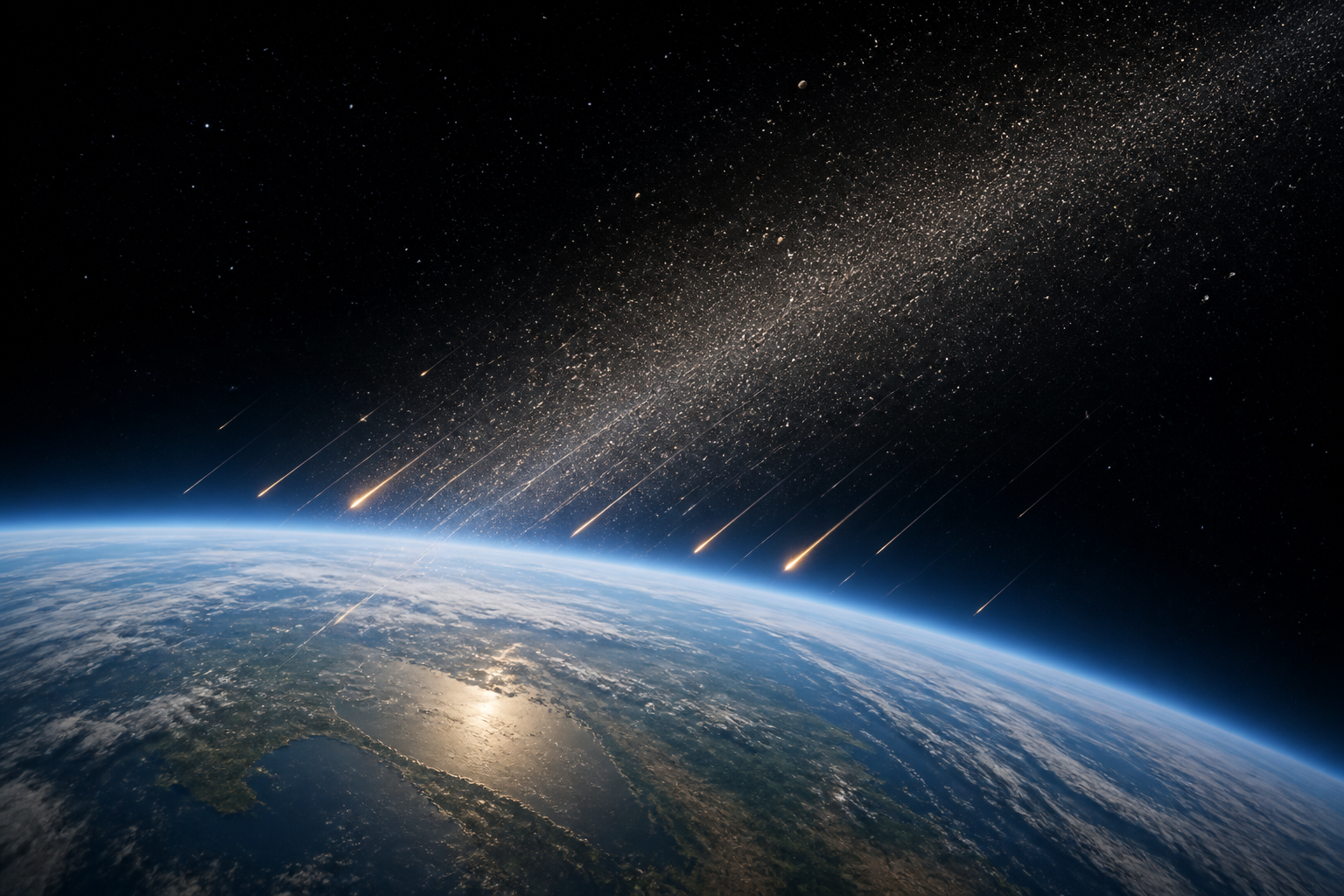 Earth’s curved horizon beneath a broad stream of small particles, with several glowing trails entering the upper atmosphere.
