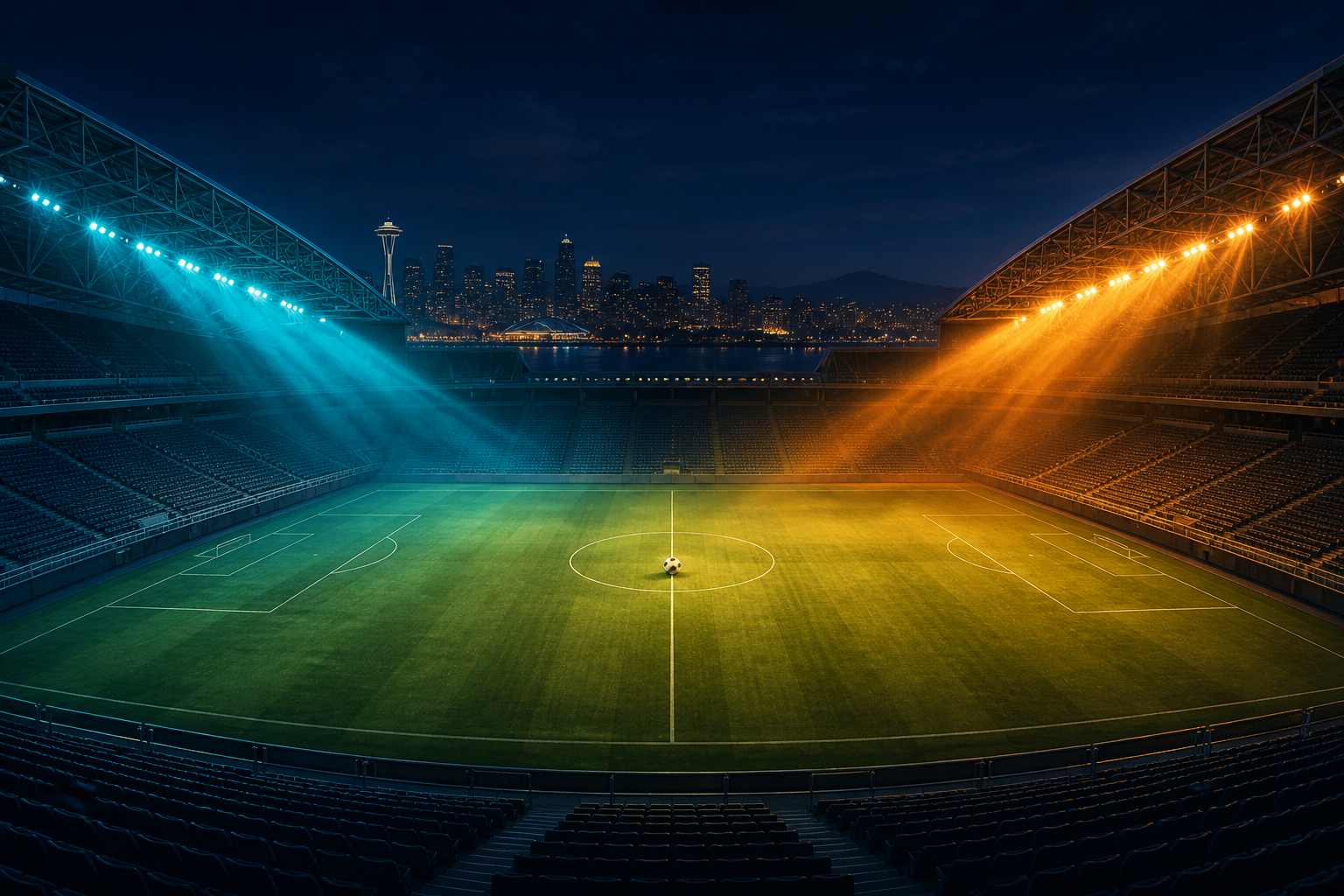 An empty soccer stadium at night with teal and amber lights meeting over a ball at midfield.