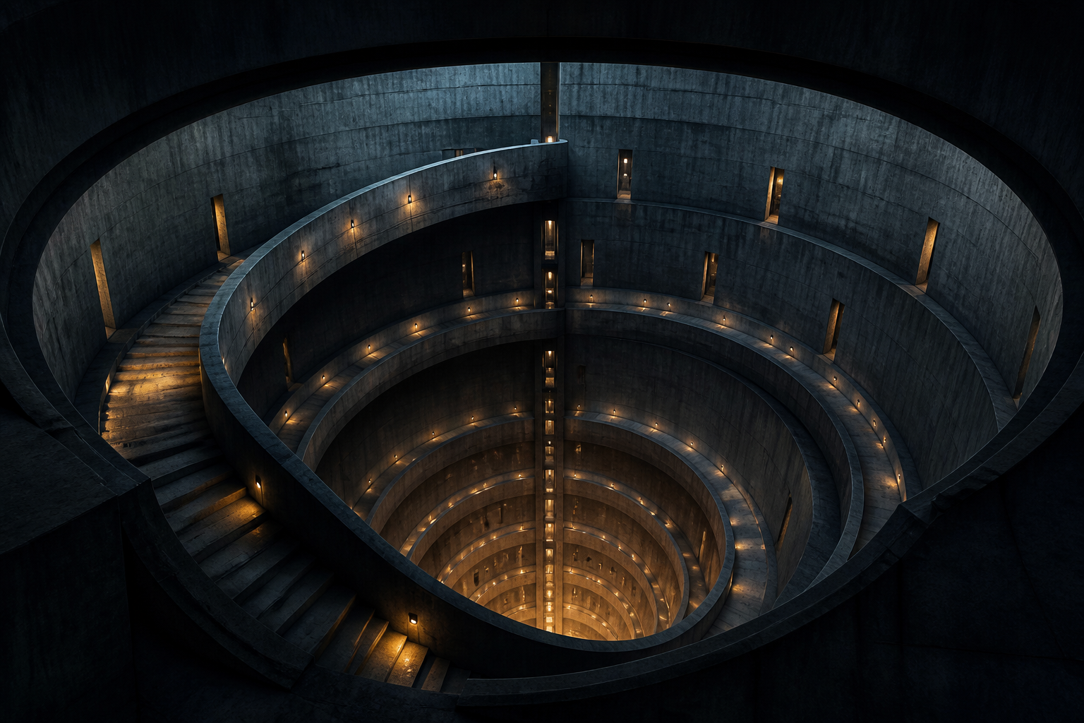 A circular concrete shaft descends through several underground levels, lit by small amber wall lights.