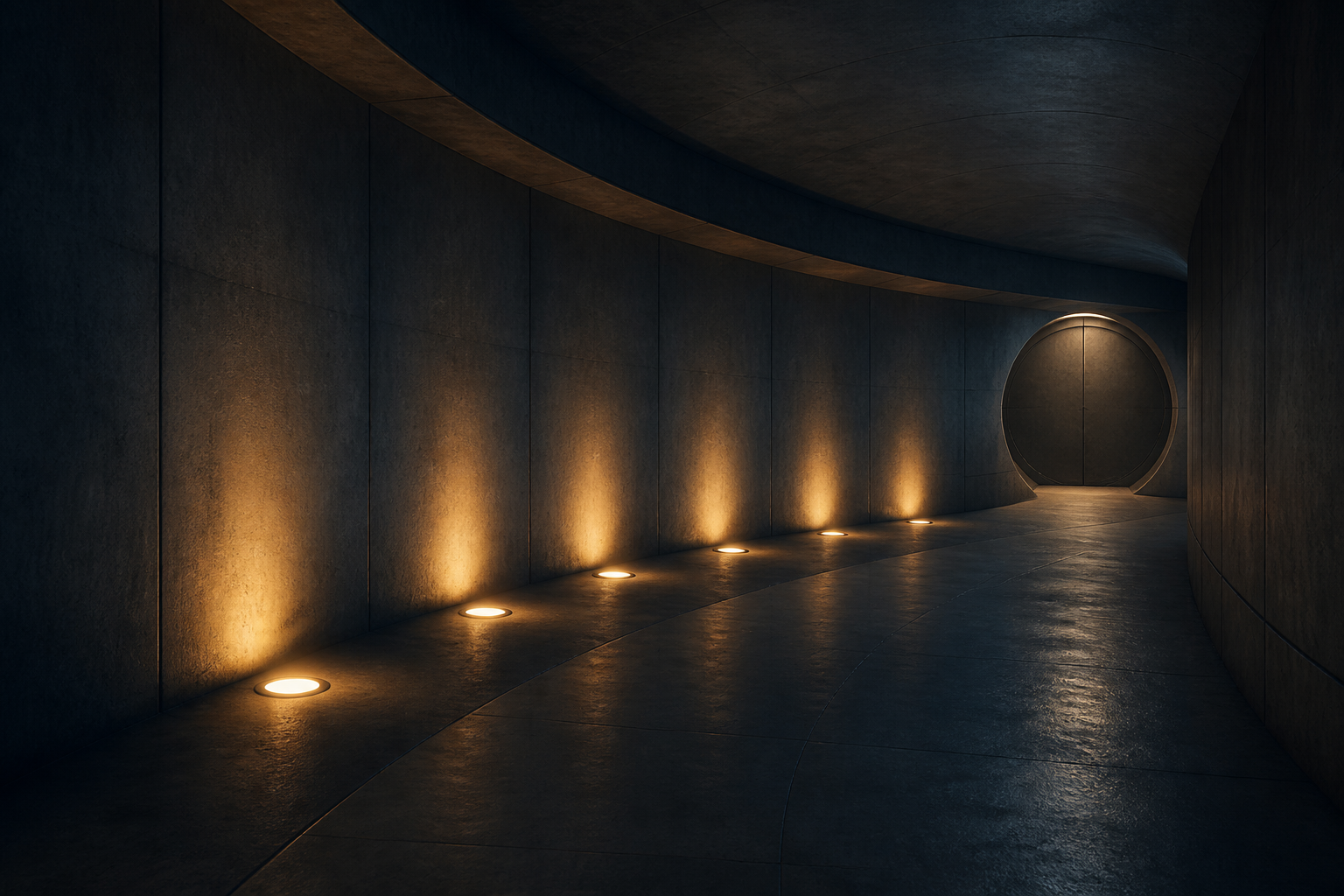 A curved concrete corridor is marked by a sequence of warm floor lights leading toward a sealed round door.