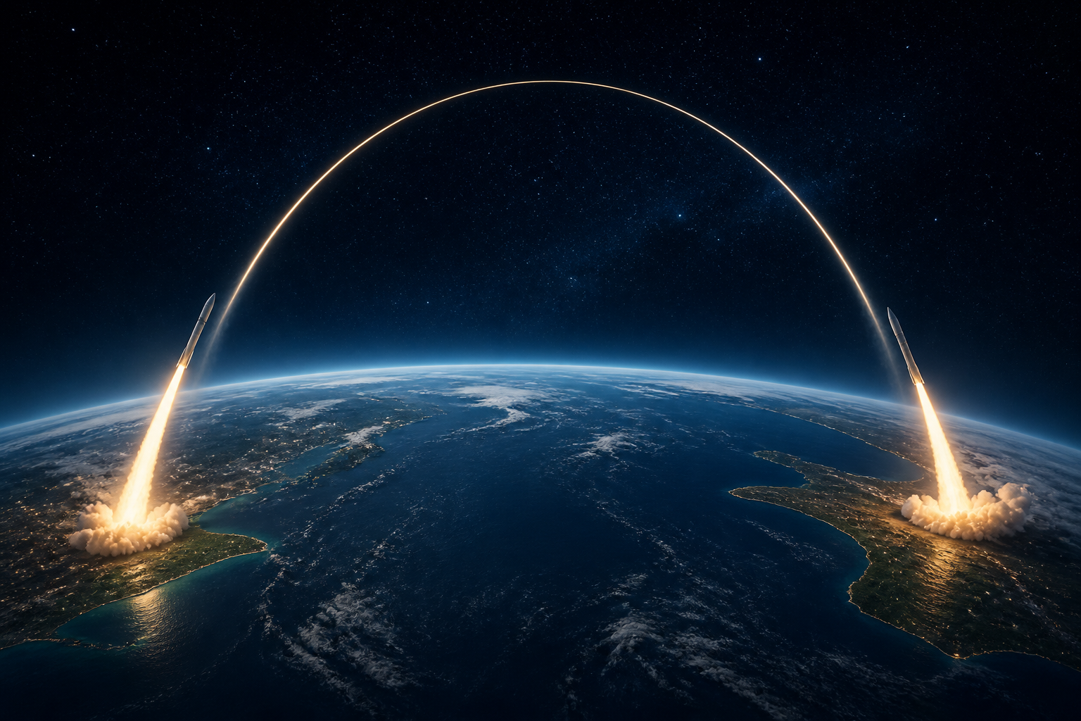 Two unbranded rockets rise from opposite sides of Earth beneath a single glowing arc.