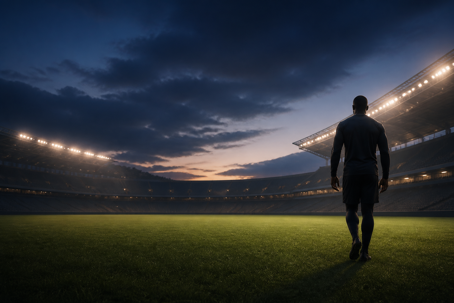 An anonymous football defender walks across an unmarked stadium field at dusk beneath bright lights.