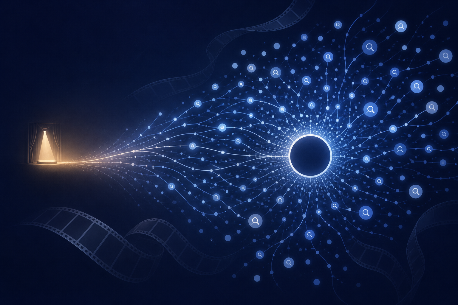 A small lit stage sends branching blue paths toward a bright circular hub surrounded by search symbols.