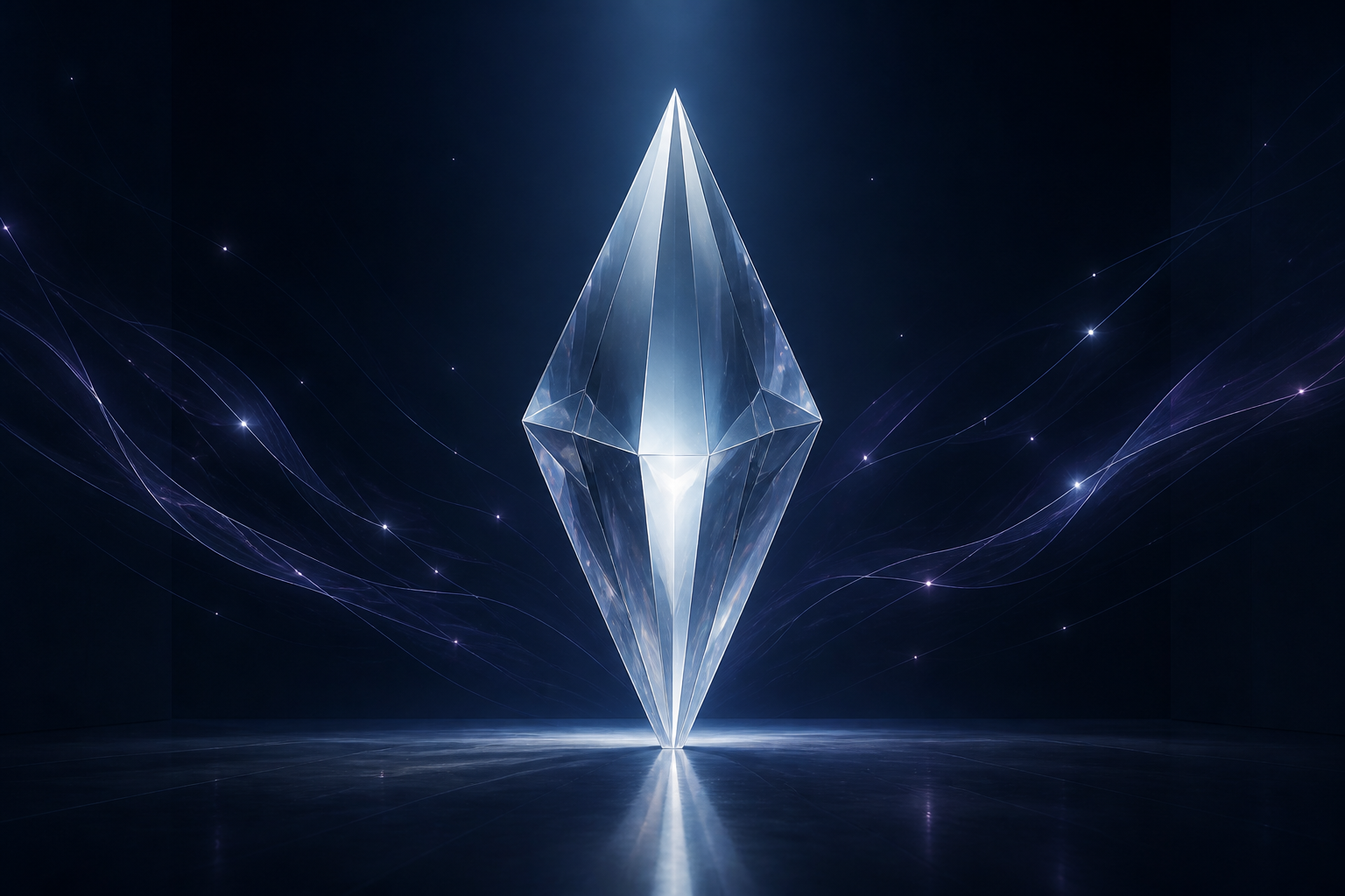 A tall faceted silver crystal glows against a deep blue space with fine violet light trails.