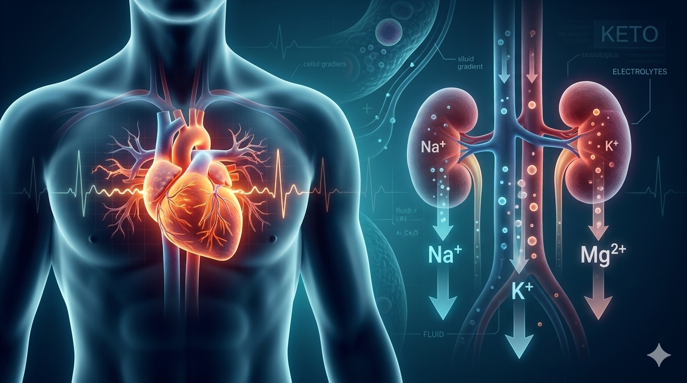 Anatomical infographic showing heart rhythm adjustments and kidney electrolyte excretion of sodium, potassium, and magnesium on keto diet