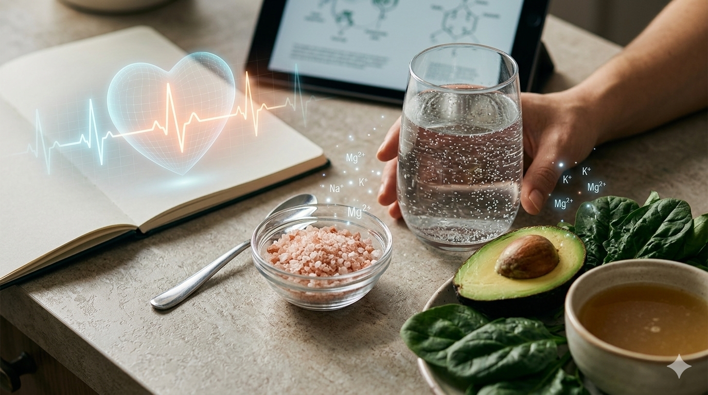 Infographic representation of cardiac rhythm, sodium, potassium, and magnesium balance for keto heart palpitations article