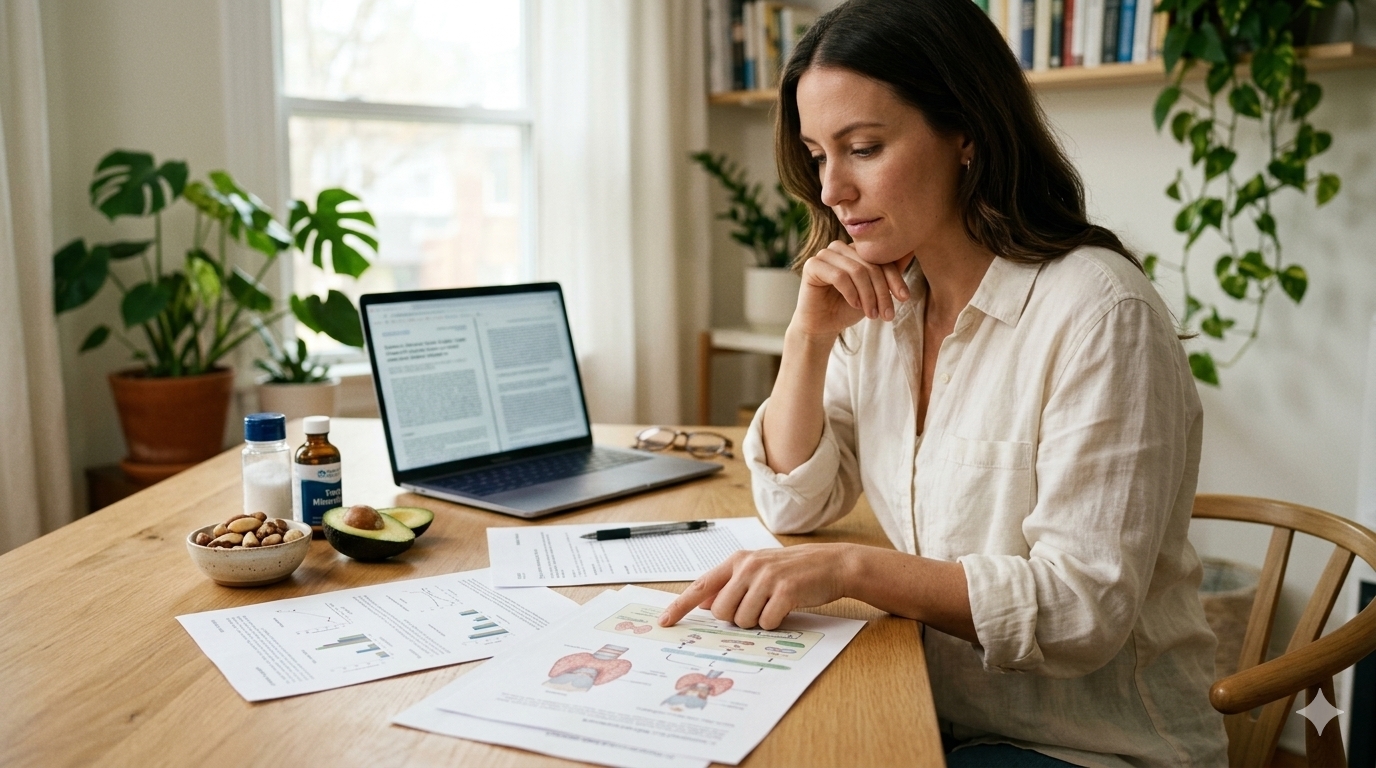 A professional woman analyzing metabolic charts on a tablet next to organic keto ingredients like whole avocados, selenium-rich brazil nuts, and kelp on a clean wooden desk, showcasing science-backed strategies for thyroid optimization on a long-term ketogenic diet.