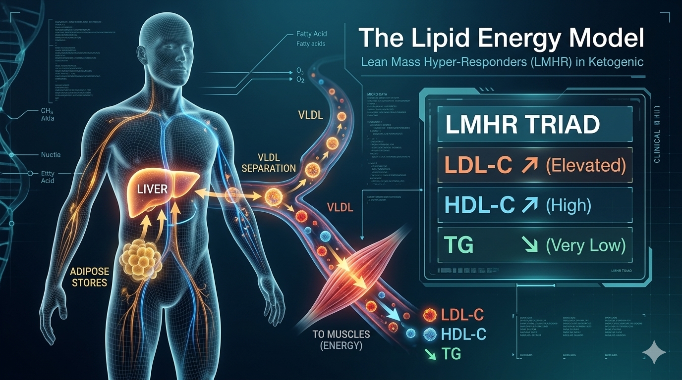 Medical infographic illustrating the Lipid Energy Model and LMHR triad on a ketogenic diet