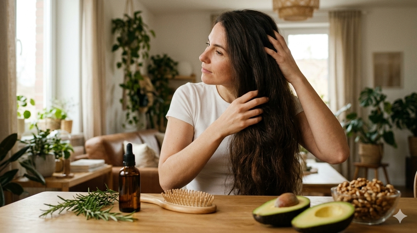 A professional woman inspecting her thick hair density next to clean keto ingredients like fresh avocados, walnuts, rosemary oil, and a wooden brush on a bright table, illustrating natural and science-backed protocols to stop keto shedding permanently.